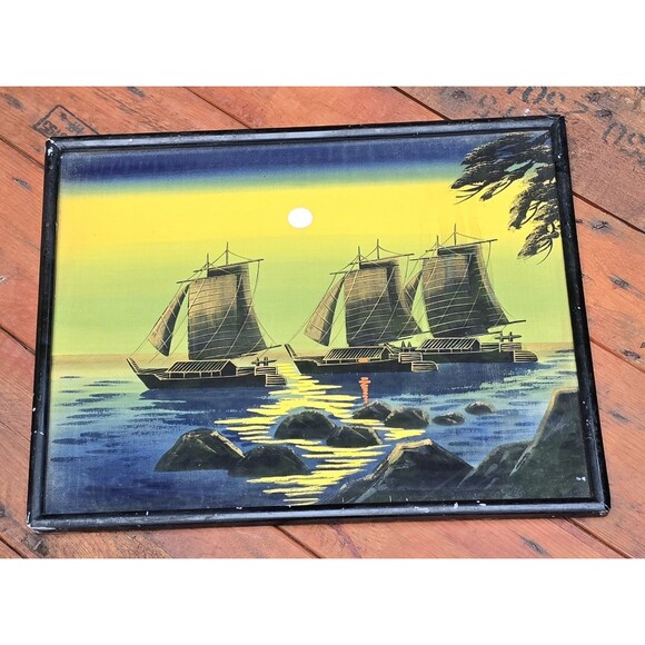 Chinese Junk Sailing Ships Vintage Japanese Oil On Silk Painting 17.5"x14.5" - Picture 2 of 5